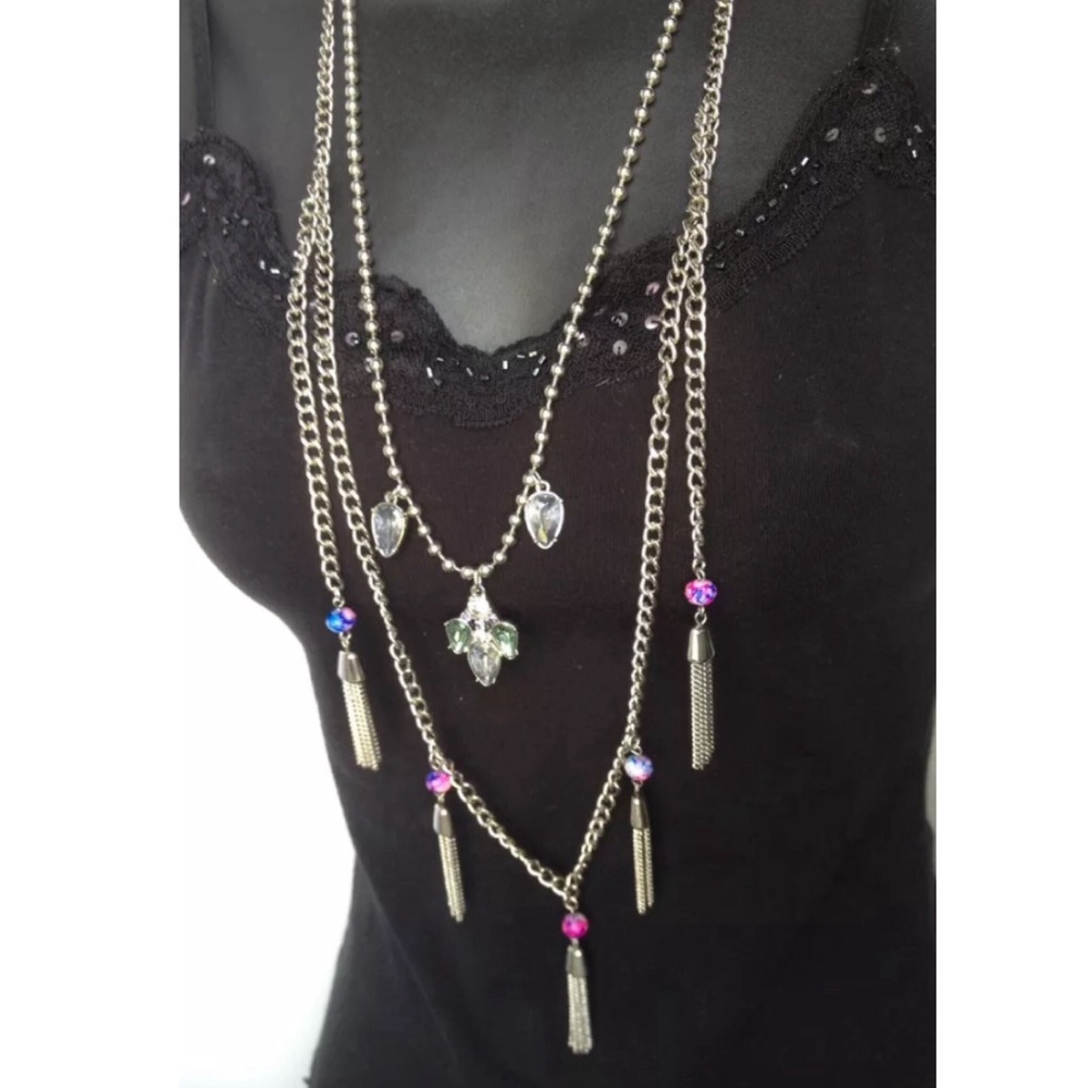 BCBGENERATION NECKLACE LAYERED TIER TASSEL SILVER